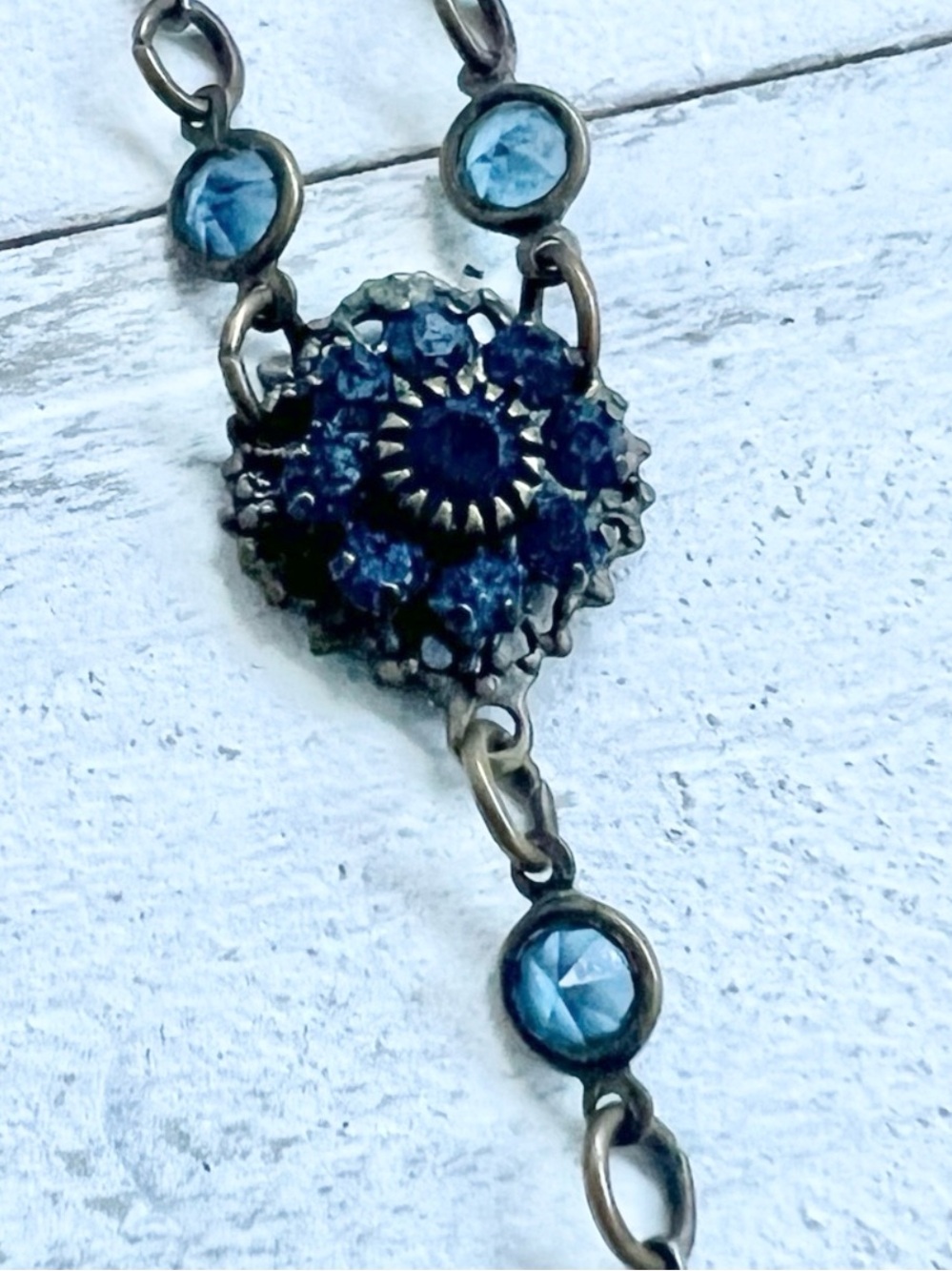 Vintage Kenny Ma San Francisco Sapphire Blue Crystal Antiqued Brass Y Necklace